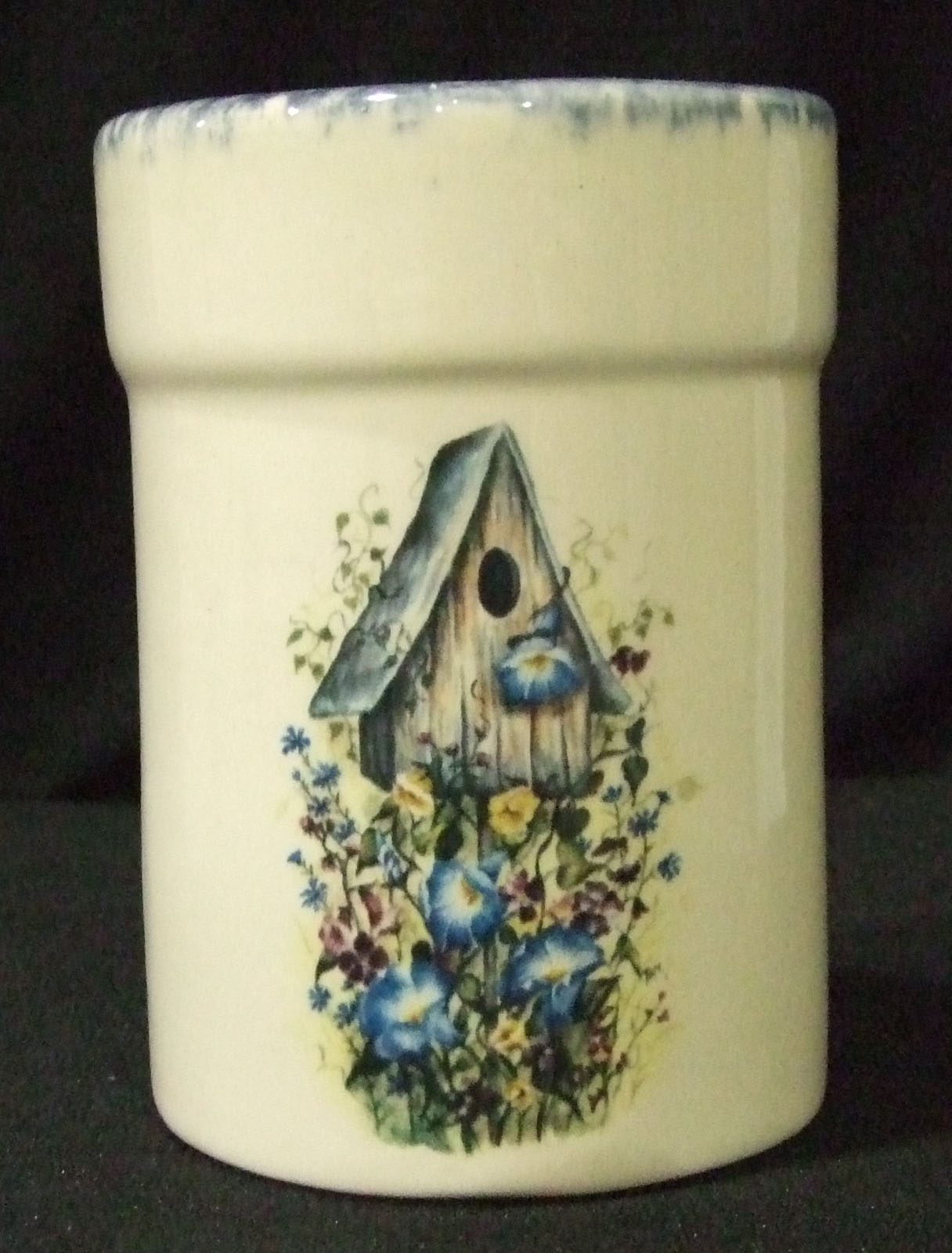 utensil holder, pottery, crock, cerarmics, floral